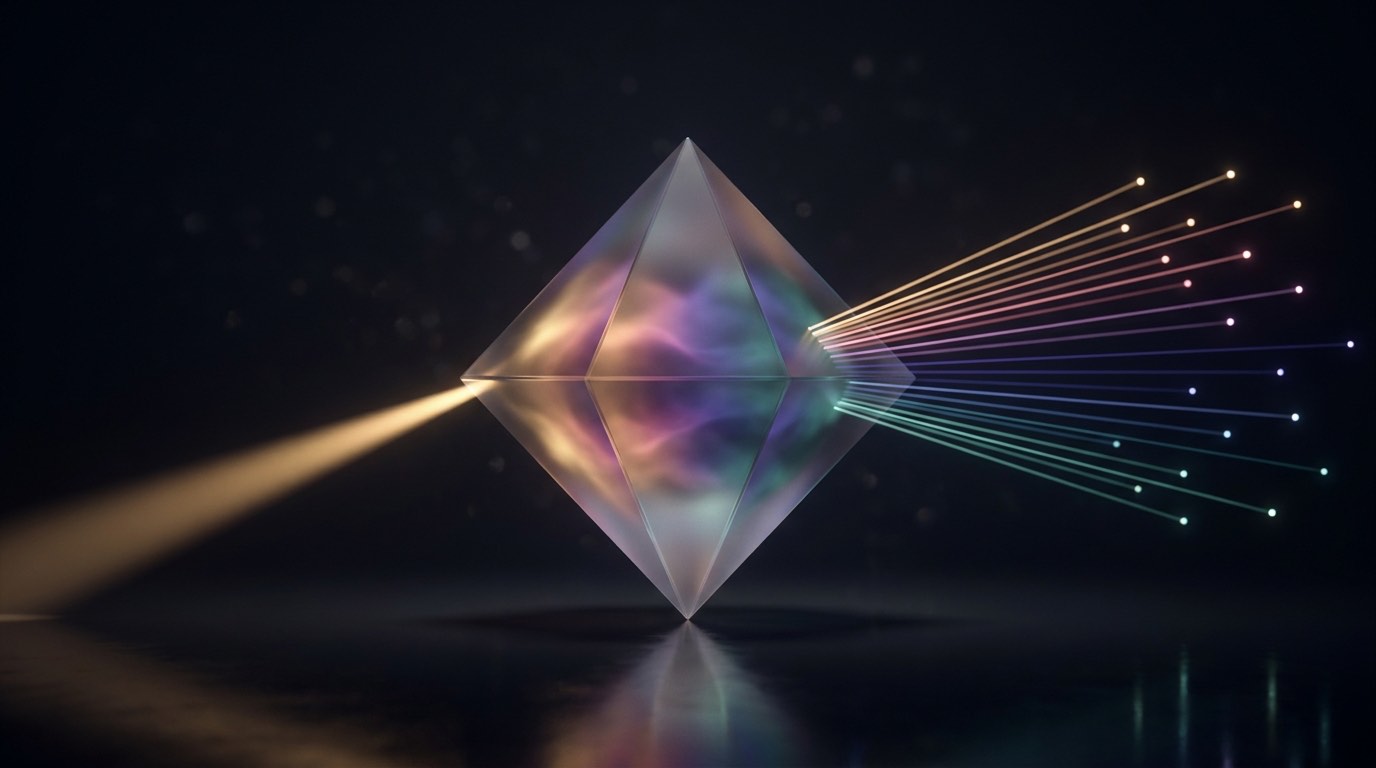 A frosted glass diamond on a dark reflective floor: a single beam of light enters one side and a fan of many distinct filtered rays emerges from the other